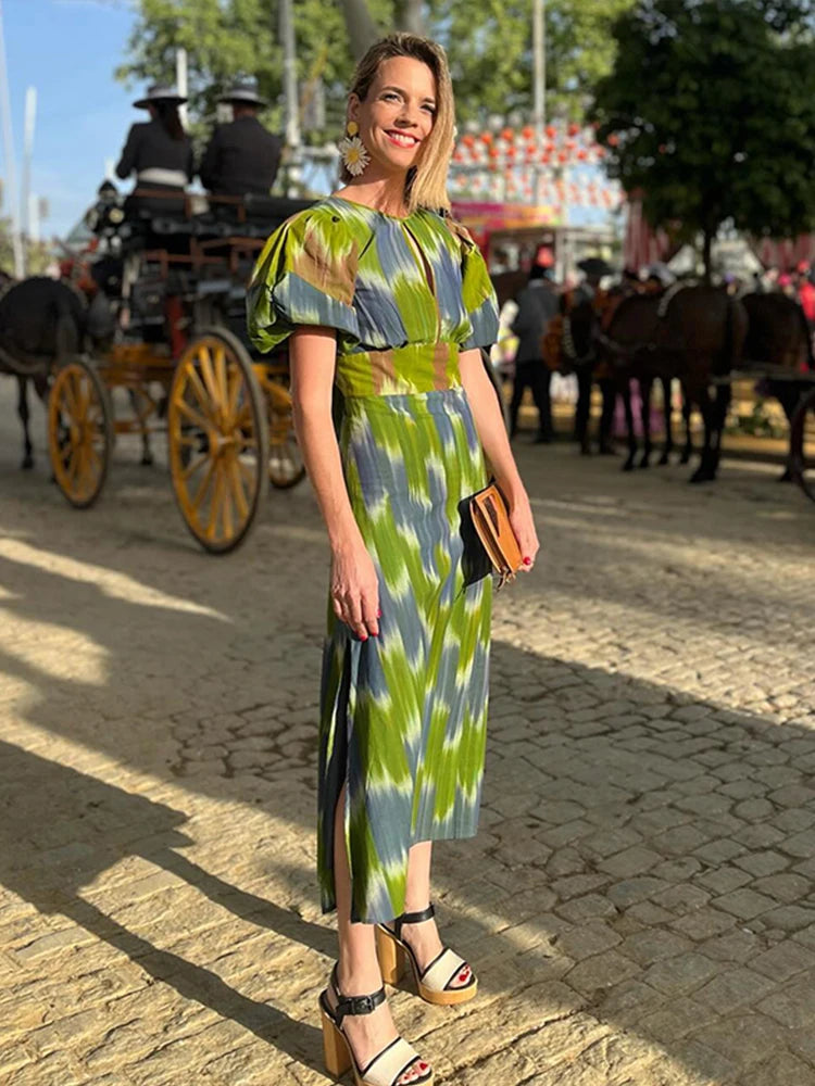 Summer Chic Print Short Puff Sleeves Split Long Dress