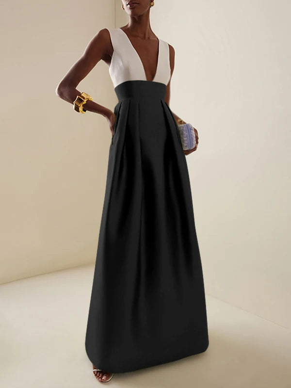 Elegant Cocktail High Waisted Deep V-Neck Dress