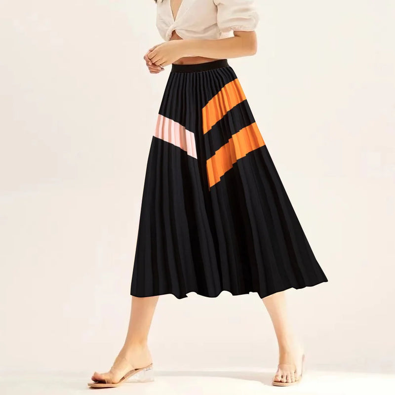 Printed elastic mid length A-line pressed pleated skirt