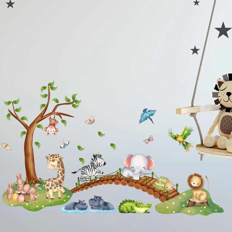 Cartoon Animal Elephant Zebra Giraffe Bridge Wall Sticker