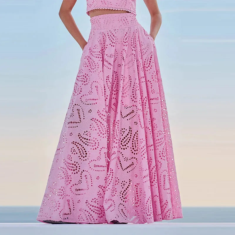 Sleeveless Top Half Skirt Set Embroidered Pocket Long Skirts