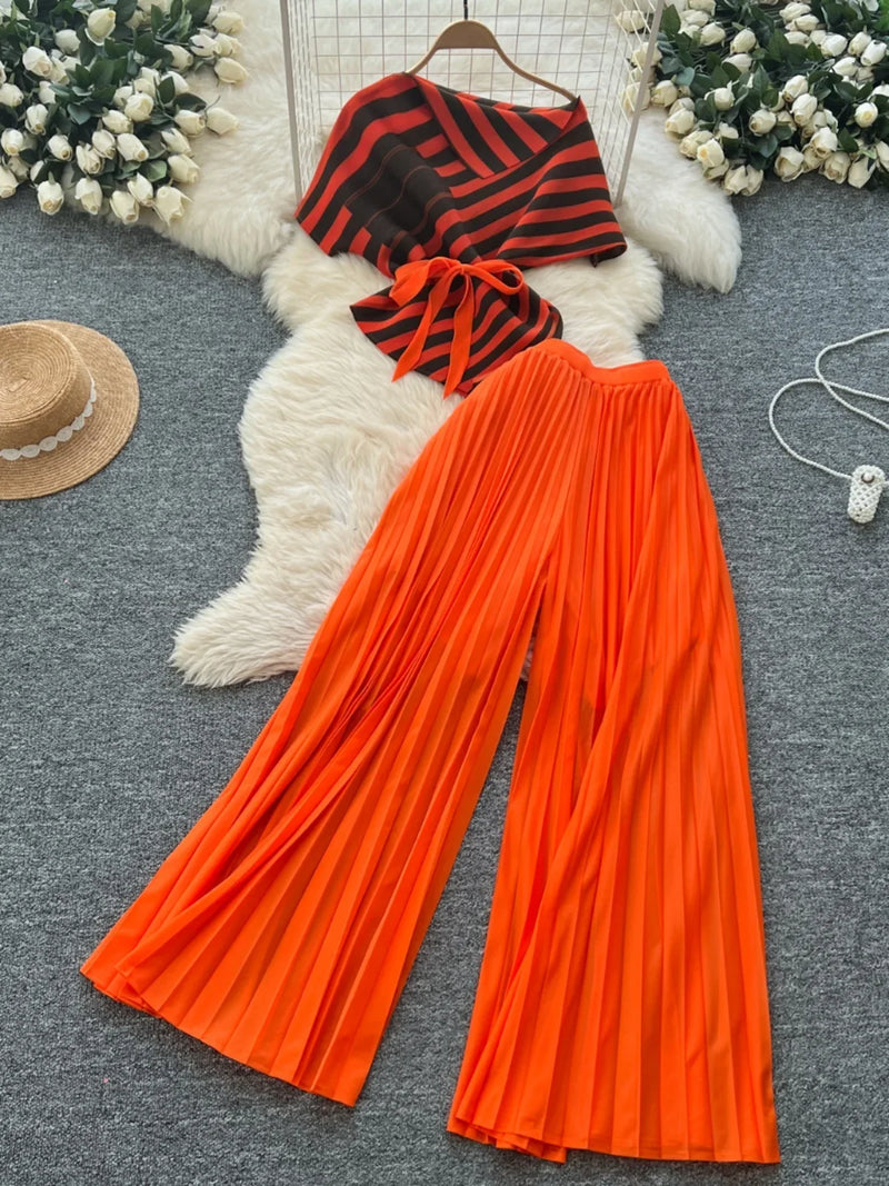 Chic Striped Skew Collar Short Sleeve Tops + High Waist Pleated Wide Leg Pants