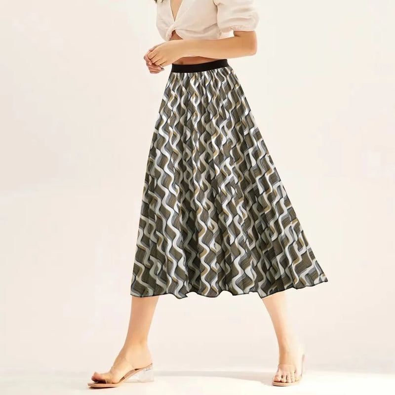 Printed elastic mid length A-line pressed pleated skirt