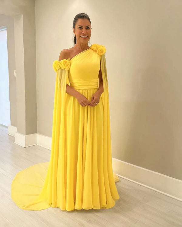 Flowers Off Shoulder Yellow Chiffon Long Prom Dress
