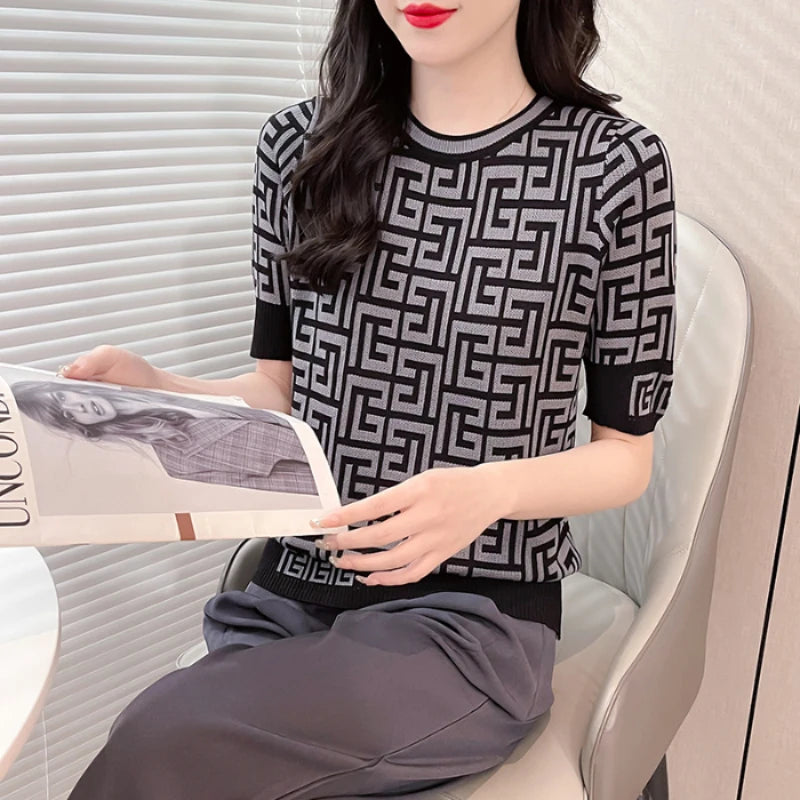 Contrast Jacquard Plaid Tops Short Sleeve Knitted TShirts