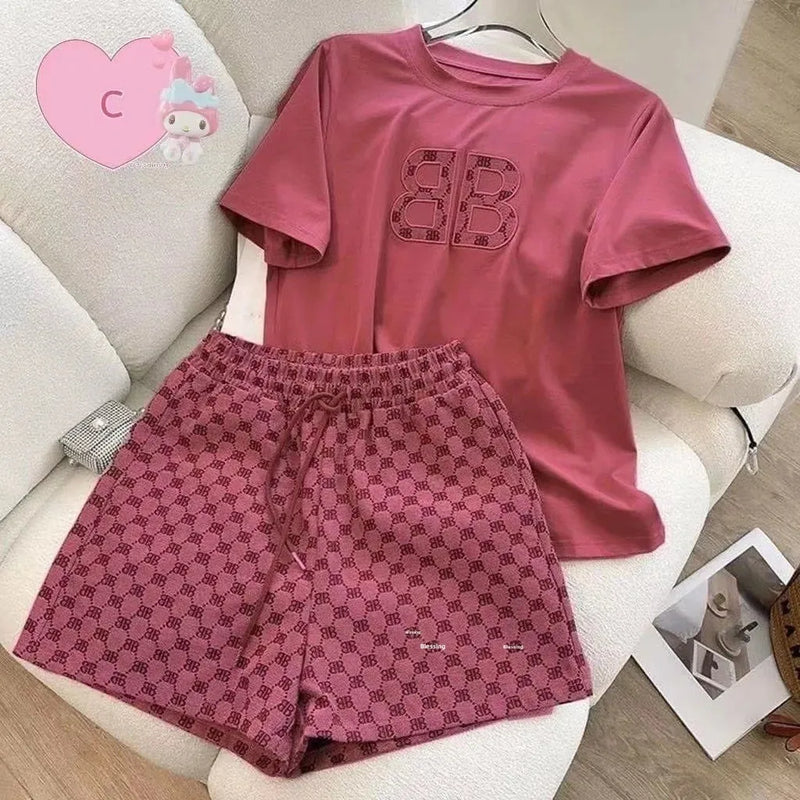 Summer Casual Embroidery Short Sleeve Shorts 2-Piece Set