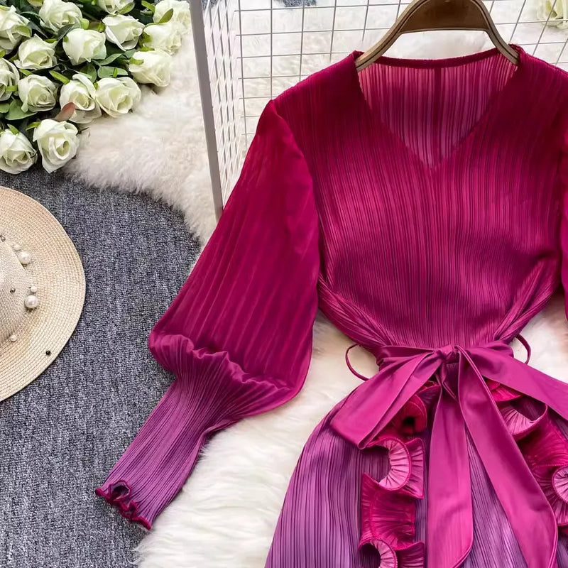 Ruffles Splice Gradient Color Pleated Dresses