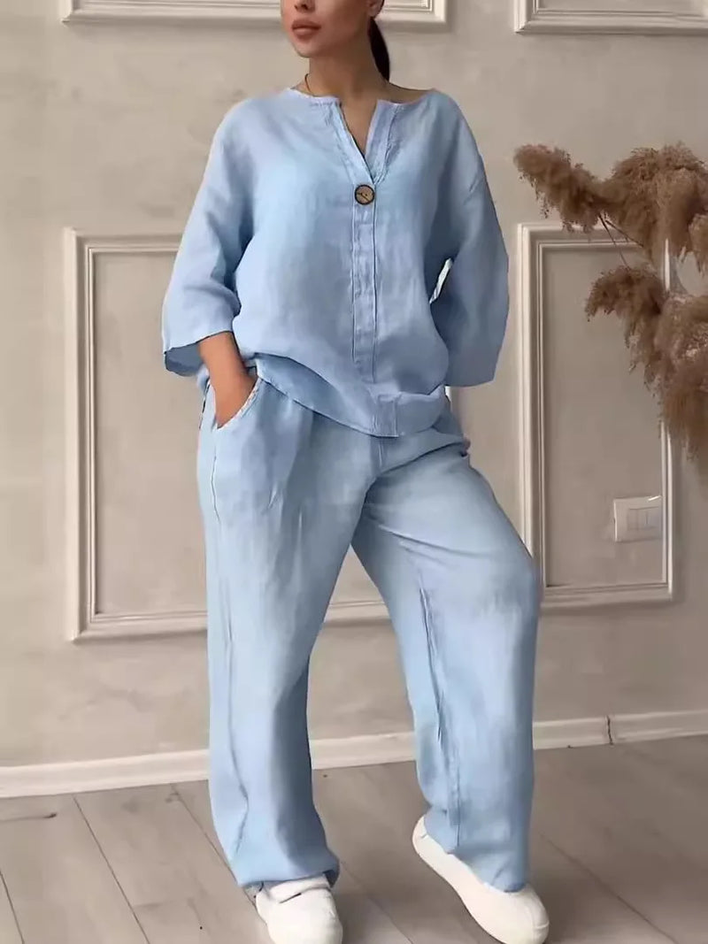 Cotton Linen Long Sleeve Button Loose Blouse Shirt & High Elastic Wide Leg Loose Pant