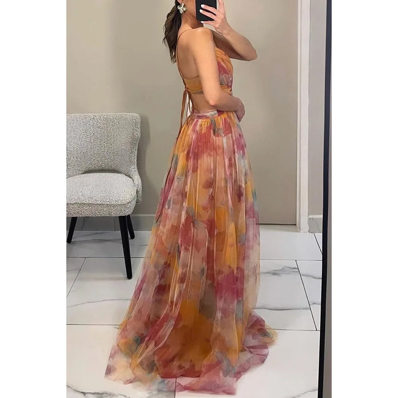 Elegant Floral Suspender Long Dress