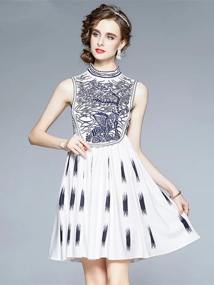 Sleeveless Collar Floral Embroidery High Waist Zipper Dress