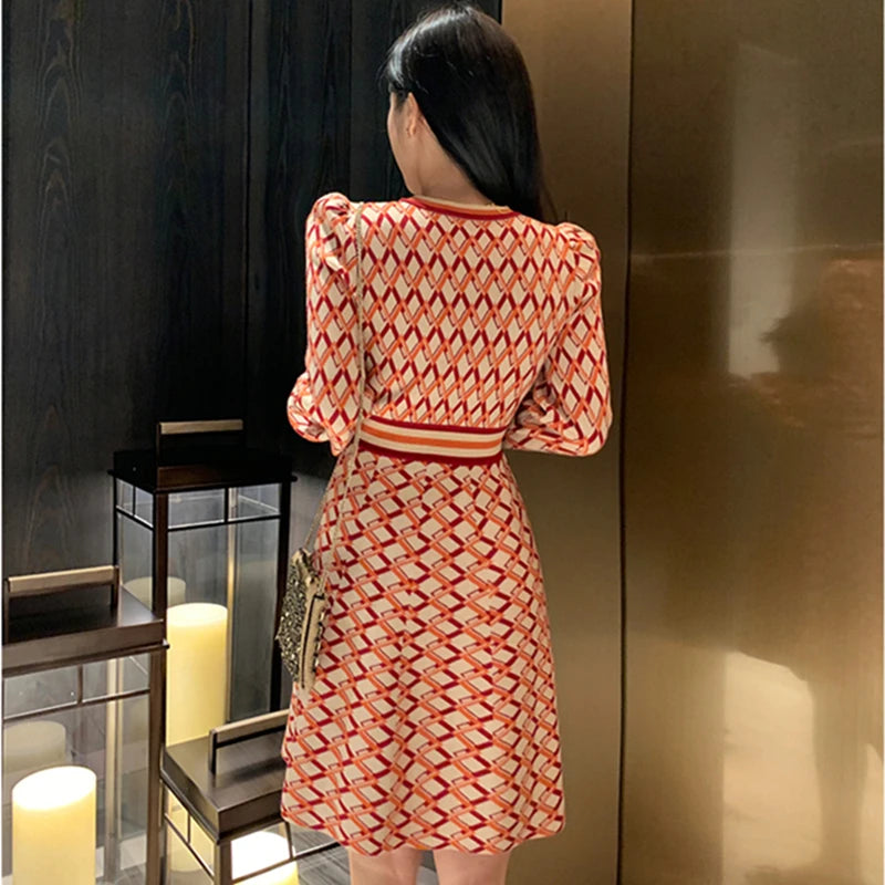 Autumn Winter Vintage Knit Dress V Neck Long Sleeve