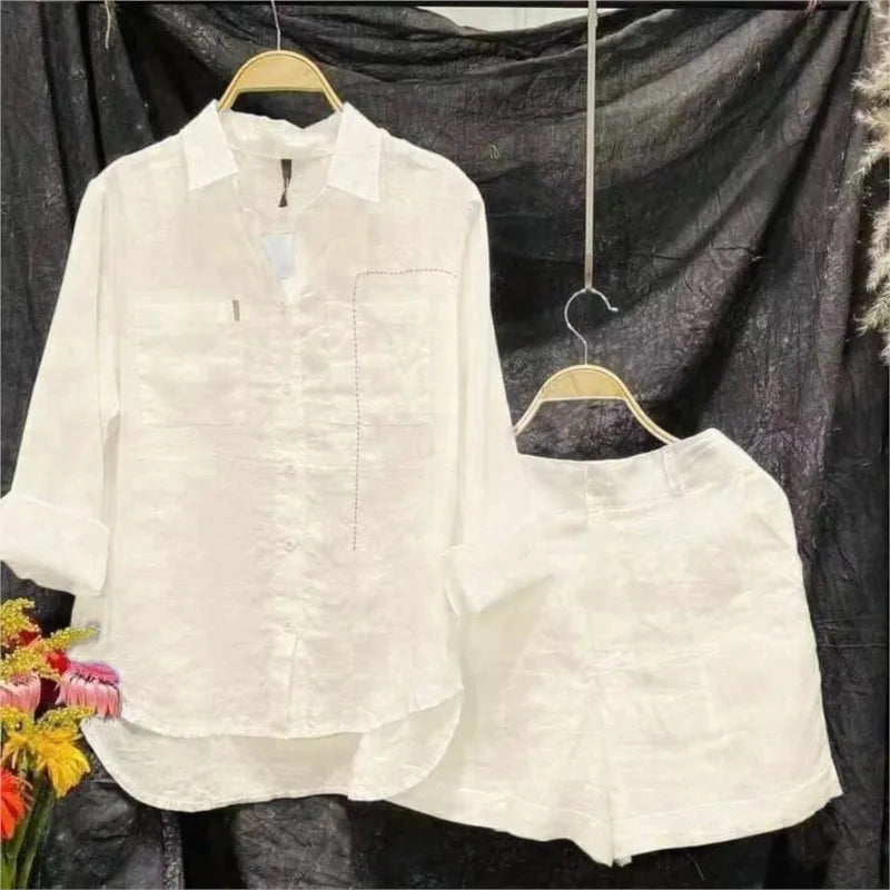 Summer Cotton Linen White Long Sleeve Shirt And Shorts Tracksuit