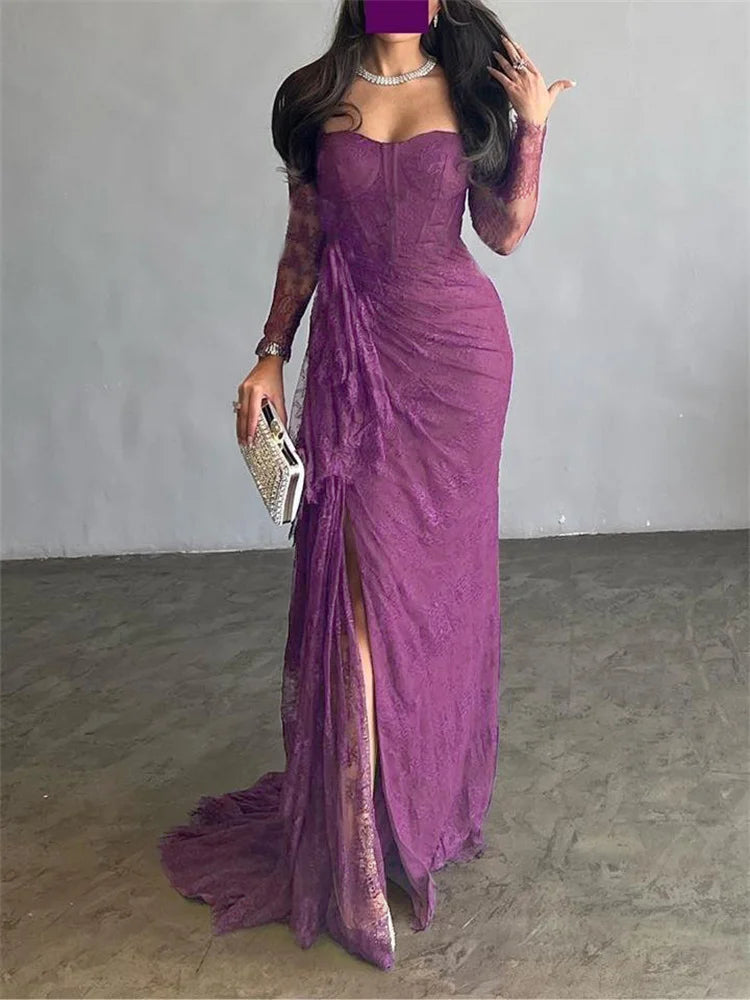 Elegant Lace Square Neck Long Sleeves Skinny Dress