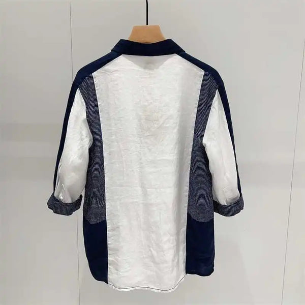 Lapel Contrasting Color Loose Casual Mid Sleeved Shirt