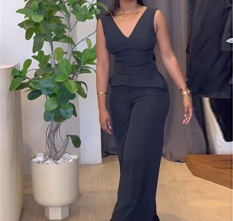V-Neck Backless Bow Tops & High Waist Casual Pocket Wide Leg Pants
