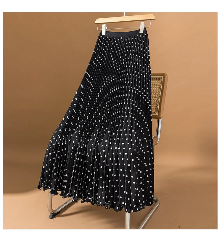 Polka Dot Pleated Long Elastic High Waisted Slim Skirt