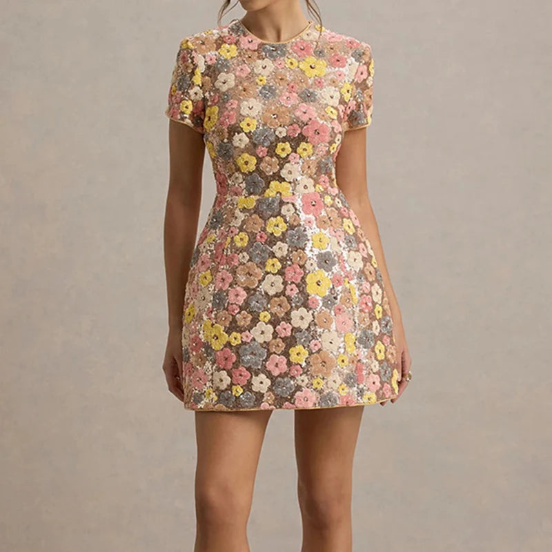 Elegant O-neck A-Line Short Sleeve Short Dress