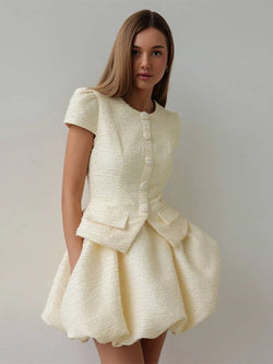 Puffy Sleeve Shirt Bubble Skirt Set Lady Retro Chic