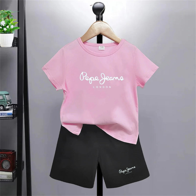 Brand letter printing girl Boy Age 3-12 T-shirt+shorts Sets