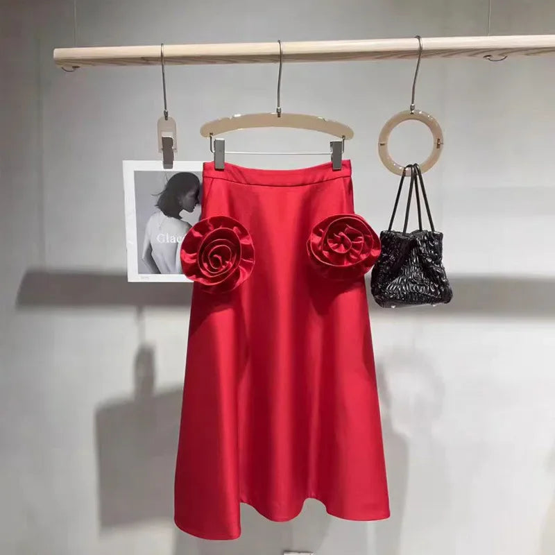 Elegant Style High-Waisted Rose Big Bloom Skirt