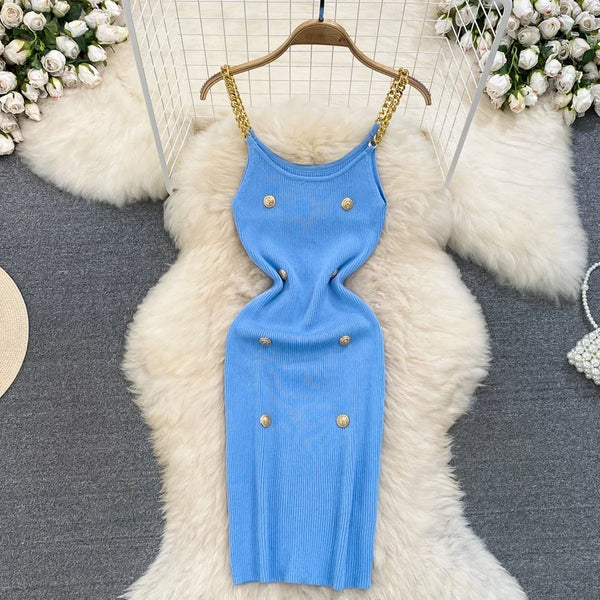 Casual Chain Slip Sleeveless Elastic Knit Bodycon Dress