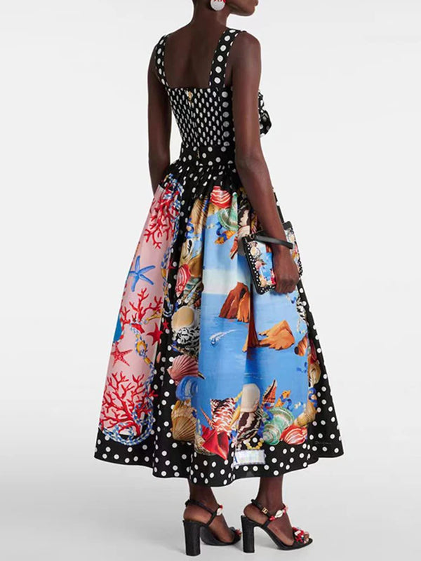Retro Polka top halter wear + high waist geometric print loose skirt set