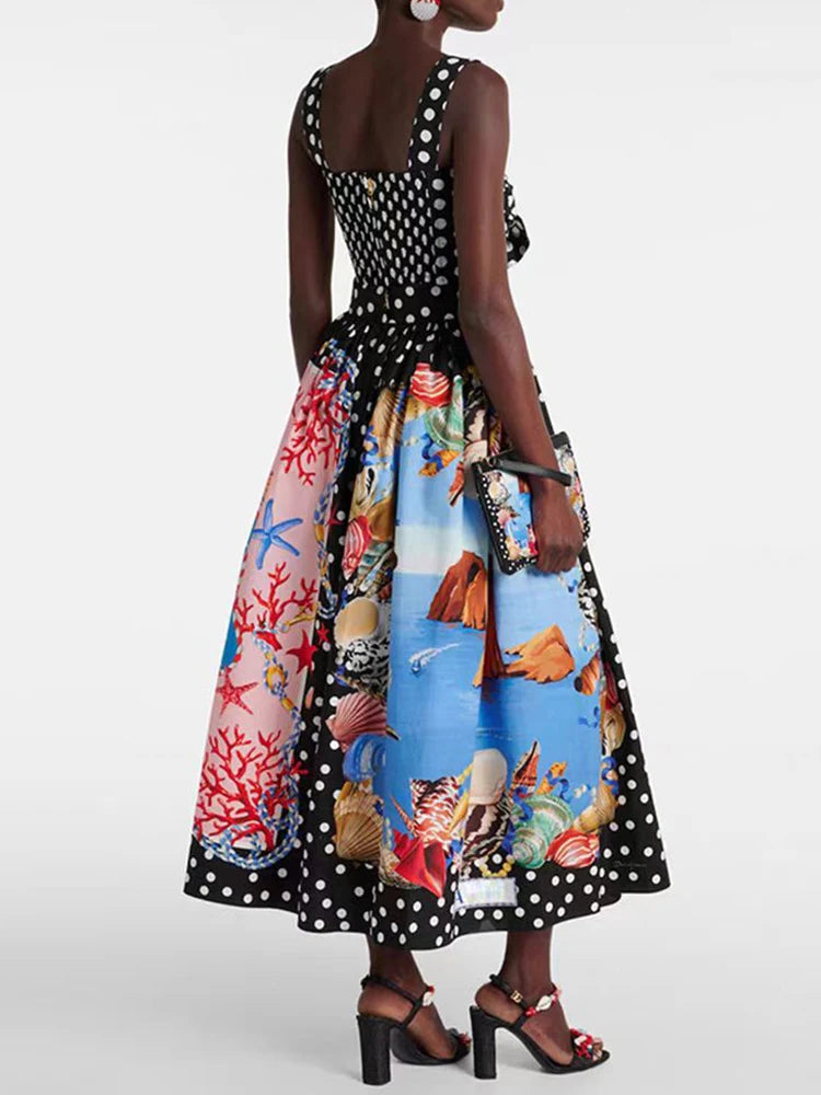 Retro Polka top halter wear + high waist geometric print loose skirt set