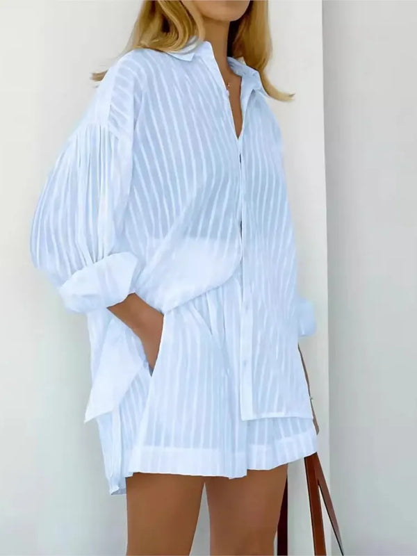Summer Cotton Two Piece Stripe Long Sleeve Shirts Shorts