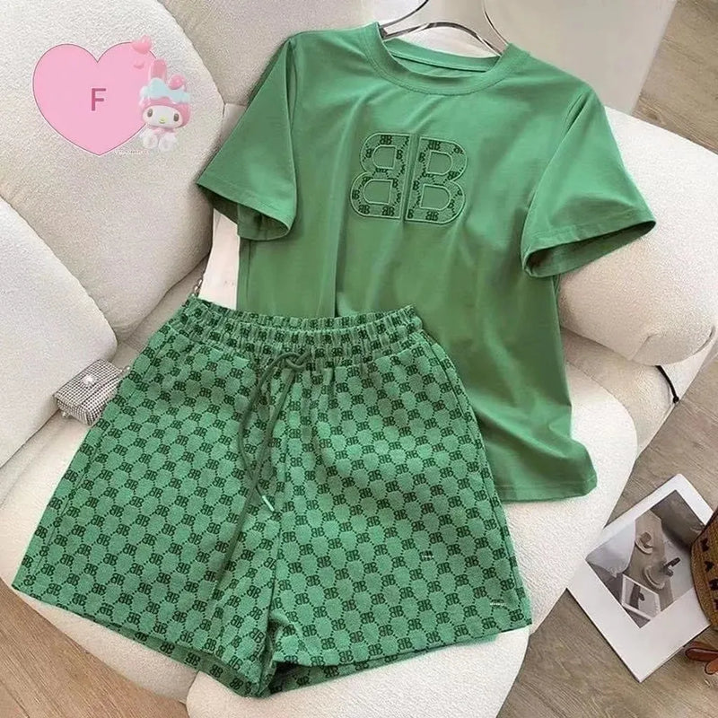Summer Casual Embroidery Short Sleeve Shorts 2-Piece Set