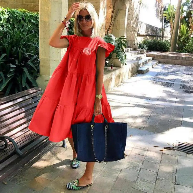 Casual Loose Ruffles O-neck Pure Short Sleeve Dress