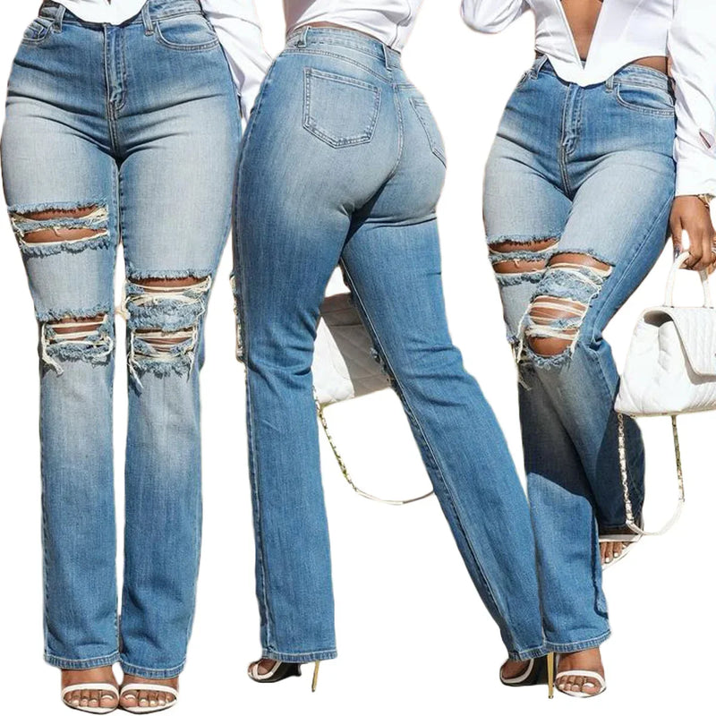 Straight High Strecth Streetwear Vintage Ripped Trousers
