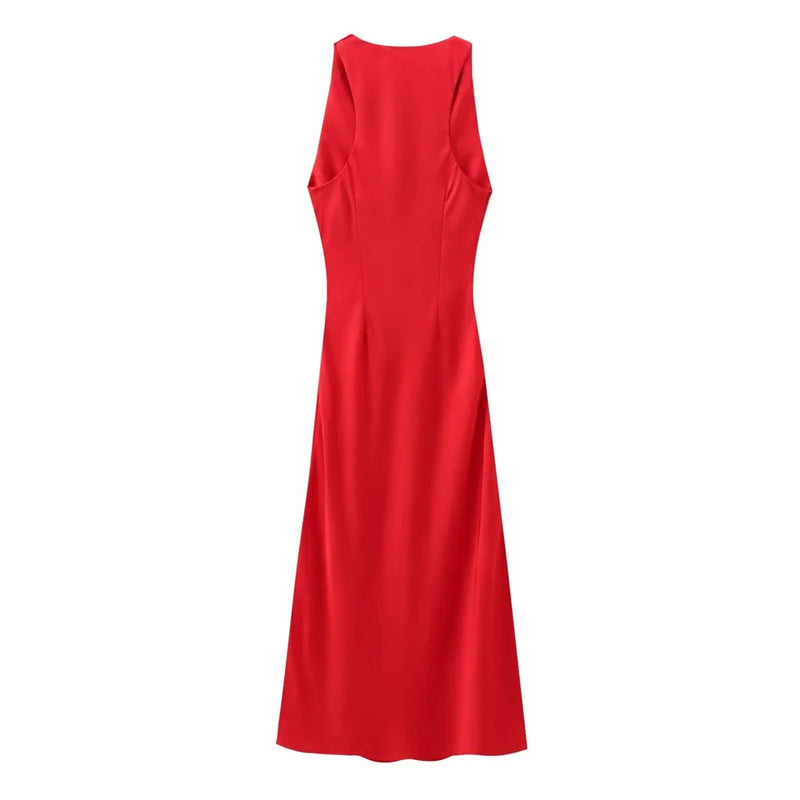 slim fit sleeveless silk satin dress