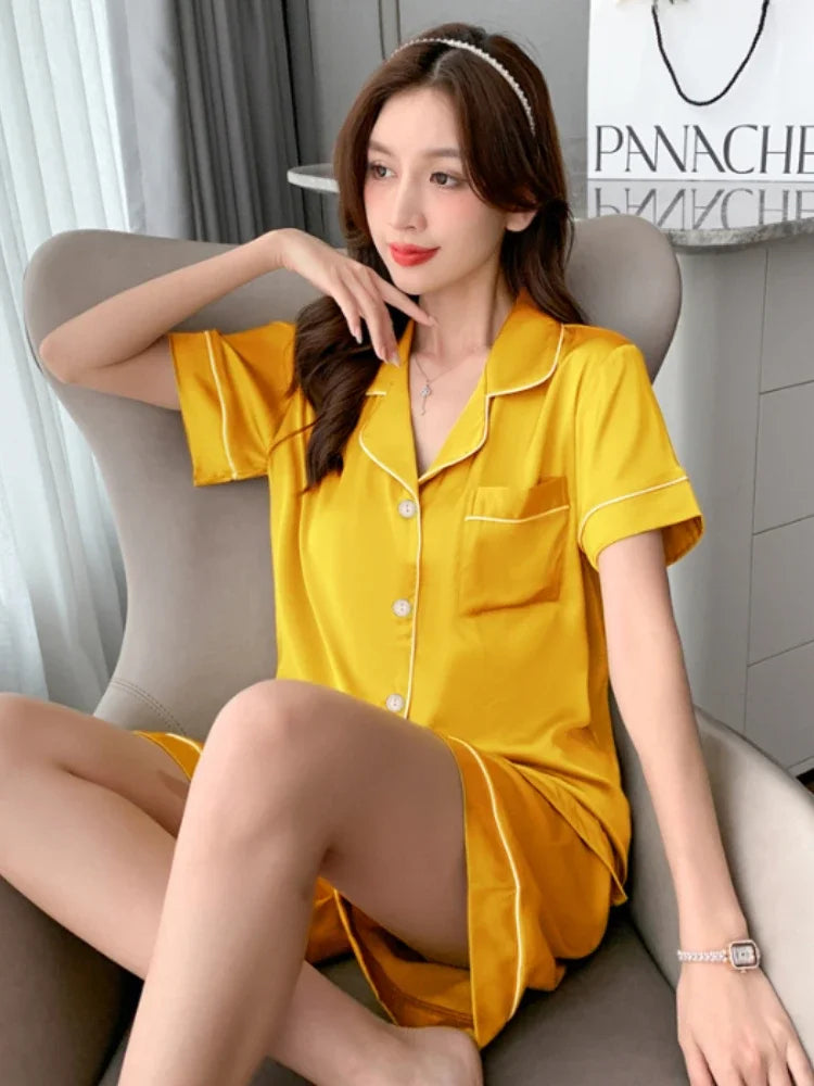 Two Pieces Pajama Set Short Sleeve Button