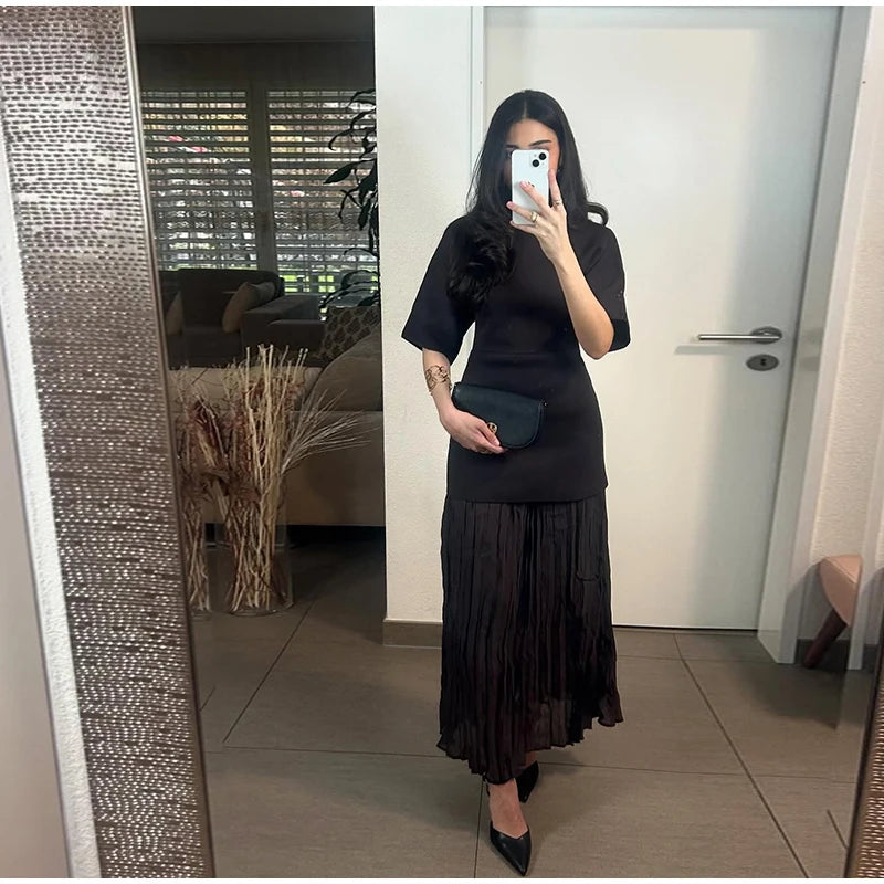 Pleated Elegant O-neck Half Sleeve Maxi Dress