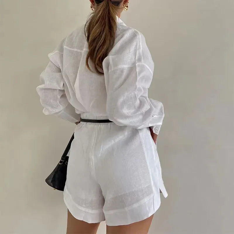 Long Sleeve 2-Piece Set Casual Button Shirt Short