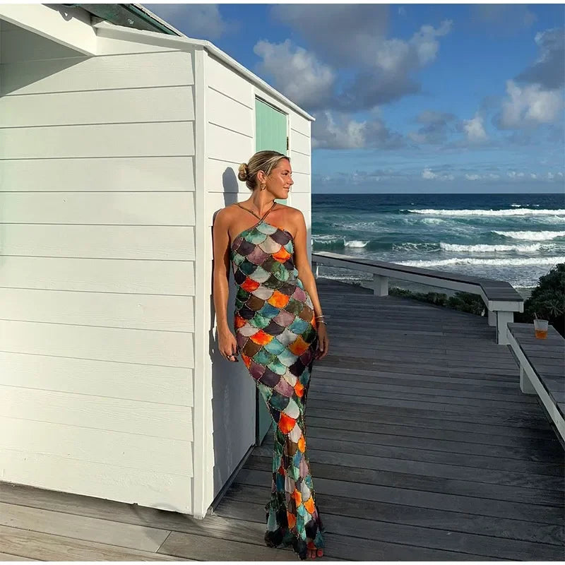 Chic Sequins Scale Bohemian Sleeveless Off Shoulder Halter Neck Long Dress