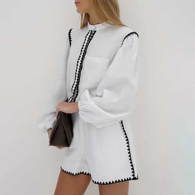 Elegant Round Neck Long Sleeved & High Waist Shorts