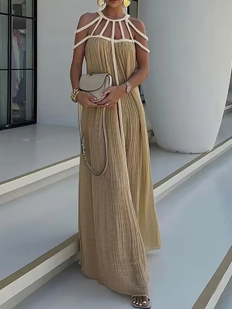Beach Style Sleeveles Summer Hollow Out O-Neck Dress