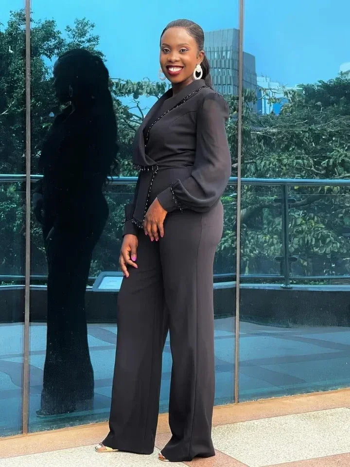 AOMEI Elegant Polo Bubble Sleeve Loose Wide Leg Pants