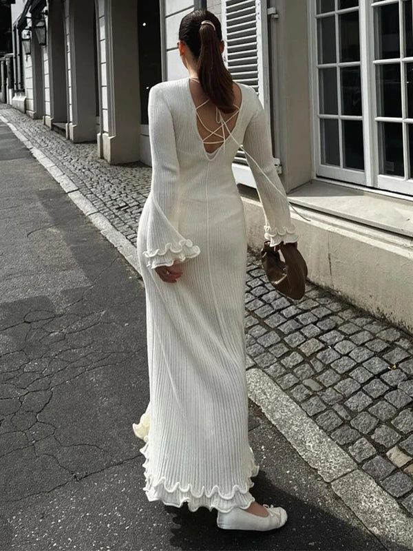Elegant Ruffle Hem Knit White  O-neck Long Sleeve Backless Dress