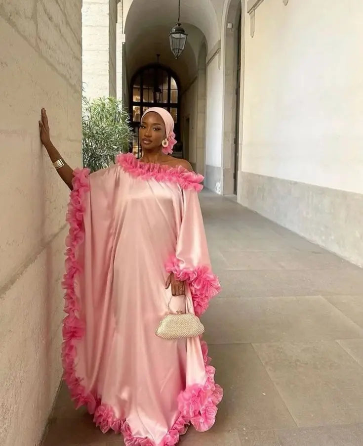 Pretty Pink Kaftan Fuchsia Ruffles Long Robe Full Sleeves