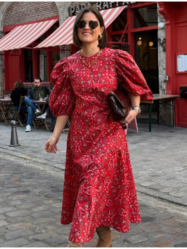 Boho Short Sleeve Round Neck High Waist Slim Fit Maxi Dress