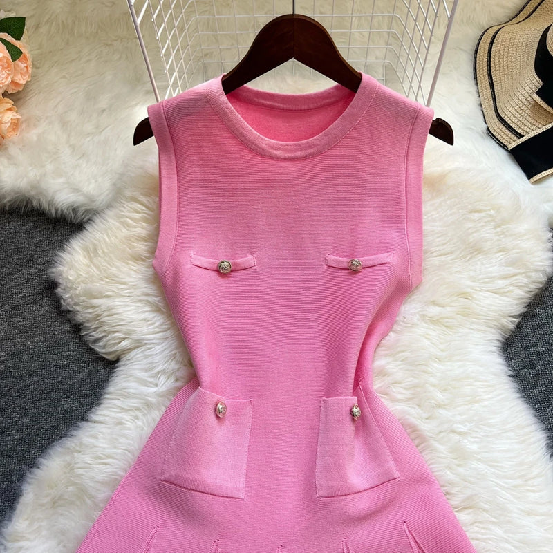 Summer Pleated O-neck Slim Waist A-line Dress