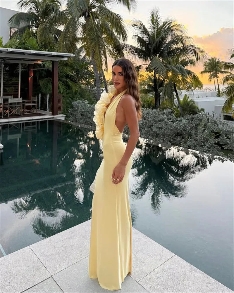CAMINA Elegant Halter Sleeveless Backless Rose Deep V Neck Dress