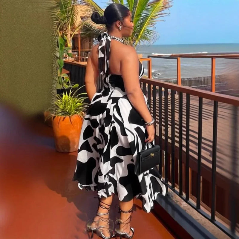 Printed Halter Neck Long Zebra Sexy Dress