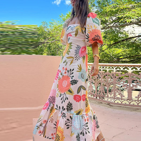Summer Square Neck High Waist Long Dress