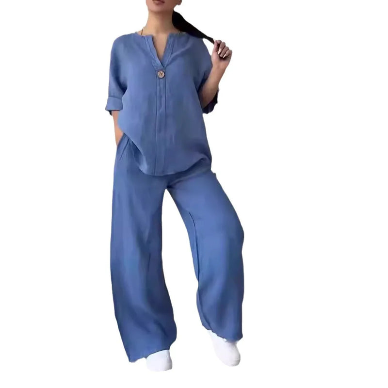 Cotton Linen Long Sleeve Button Loose Blouse Shirt & High Elastic Wide Leg Loose Pant