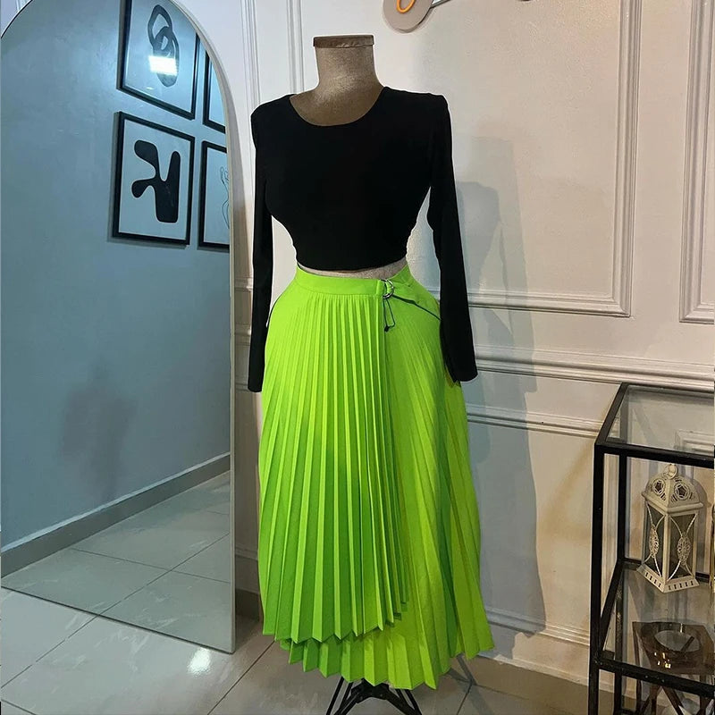 Elegant Pleated Irregular High Waist Buckle Mid-length A-line Skirts