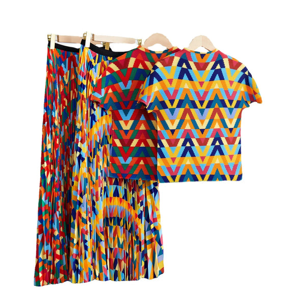 Pleated Style Long Pleated High Grade Pleated Half Skirt + Printed Top