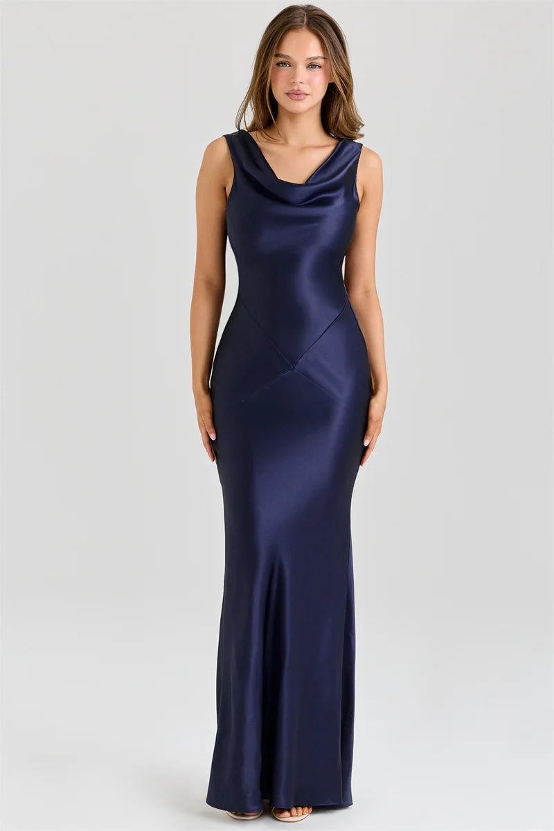 Satin Backless Draped Cowl Neck Sleeveless High Waist Long Dress